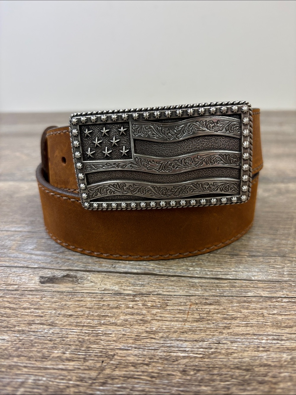 Justin Men’s Brown Top Grain Leather Western American Flag Belt Size 38